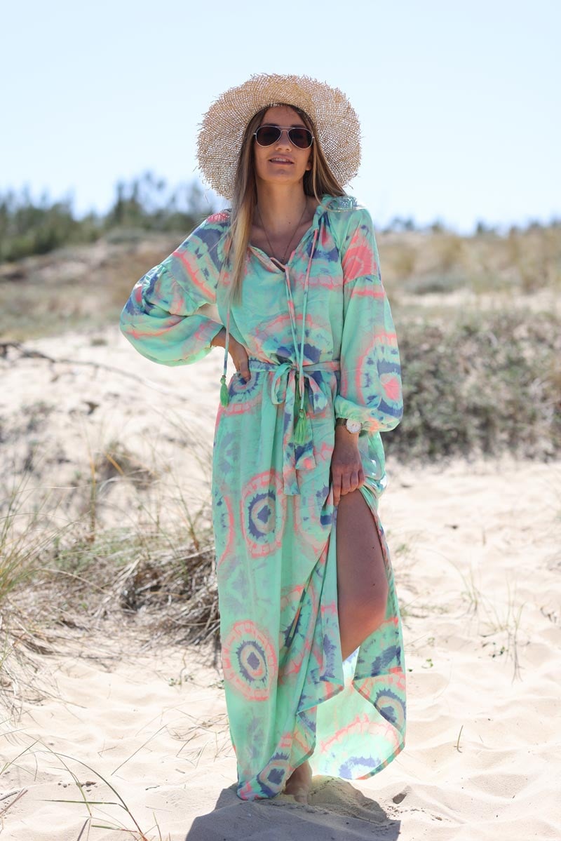 Floaty oversized belted maxi dress with bright green tie dye print