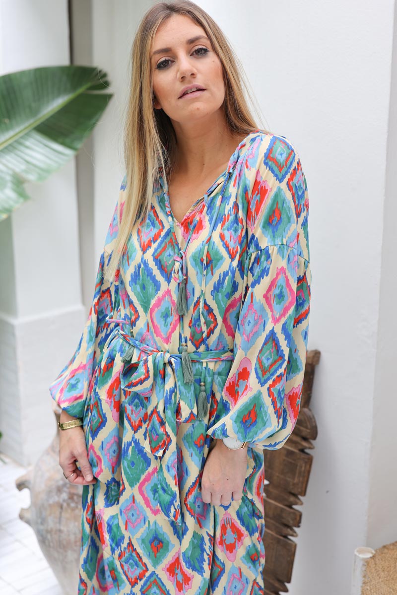 Robe longue fluide et large avec ceinture losanges tie and dye colores H018 (1)