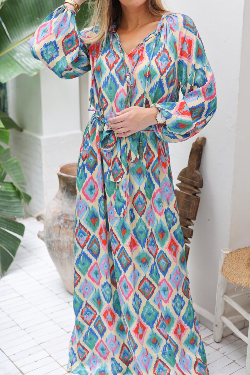 Robe longue fluide et large avec ceinture losanges tie and dye colores H018 (1)