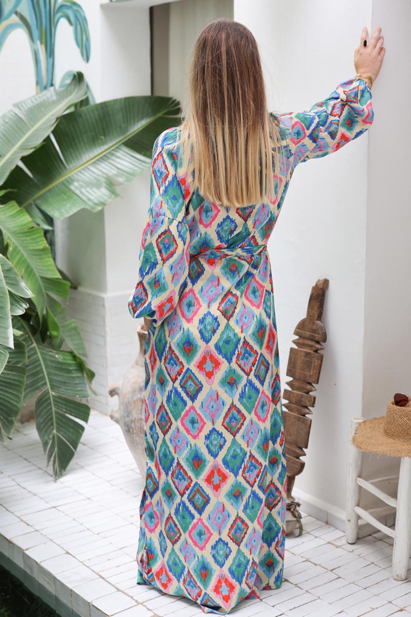 Robe longue fluide et large avec ceinture losanges tie and dye colores H018 (1)