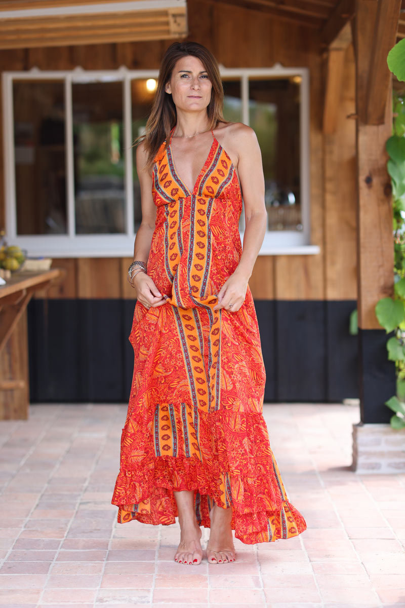 Robe longue fluide et toucher soie dos nu imprime cachemire orange h130 (1)