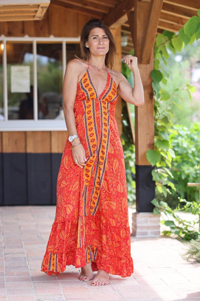 Robe longue fluide et toucher soie dos nu imprime cachemire orange h130 (1)