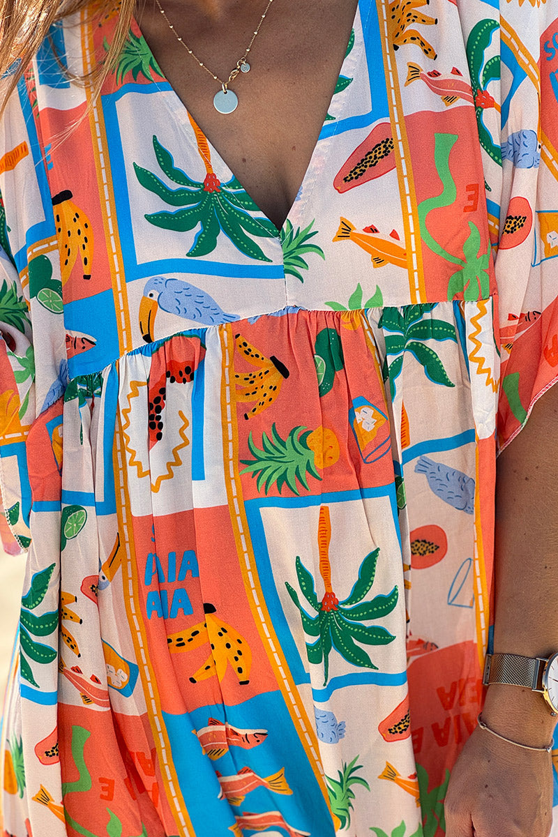Coral Tropical Block V-Neck Caftan
