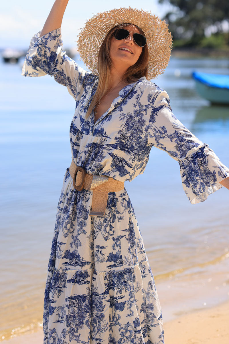 Robe longue imprimé toile de jouy bleu marine