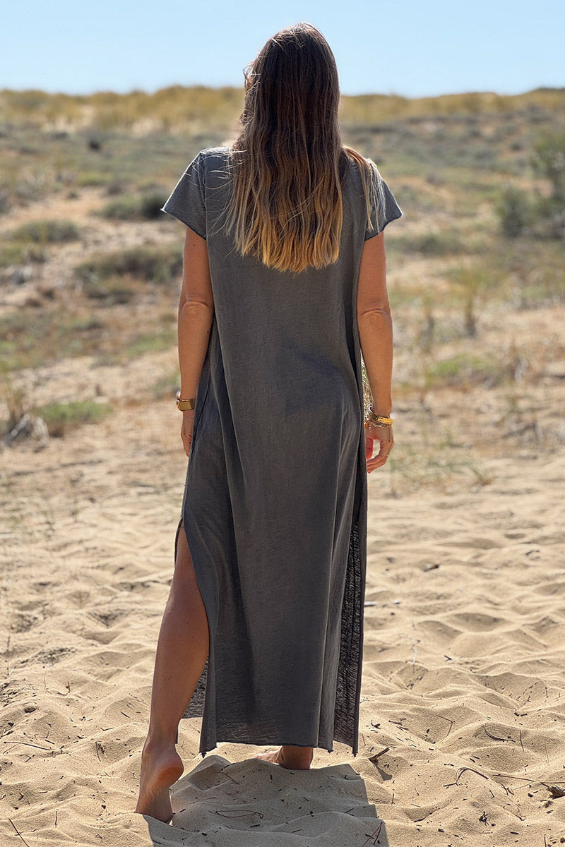 Robe longue grise en coton grande étoile