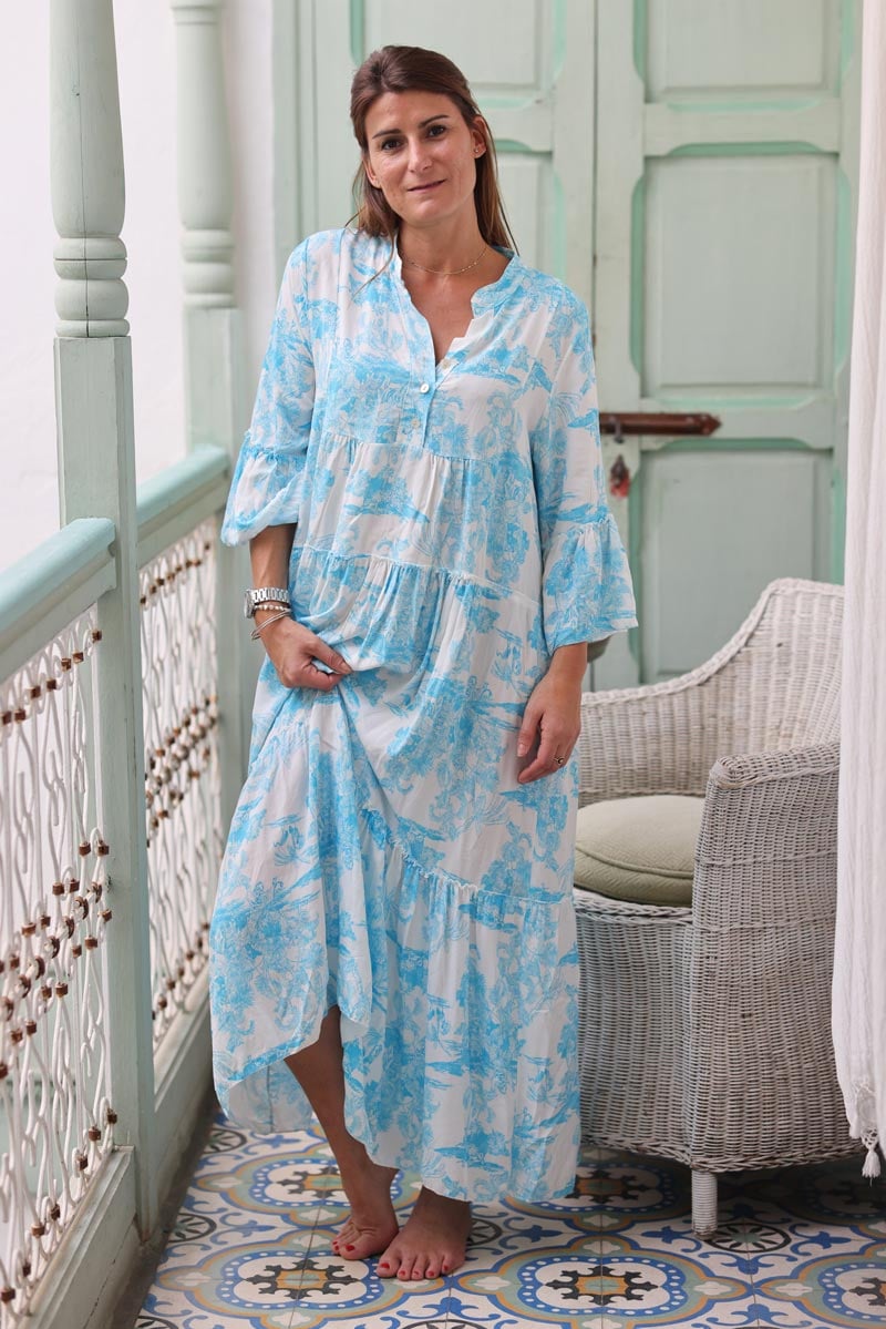 Robe longue imprime toile de jouy bleu azur E117 (1)