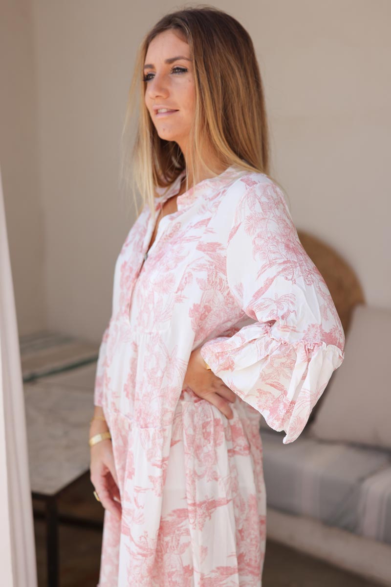 Robe longue imprimé toile de jouy bois de rose