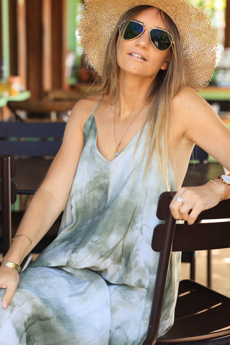 Khaki lightweight maxi dress with tie and dye print