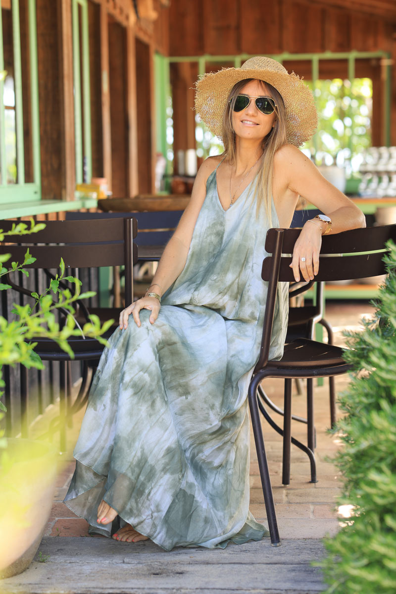 Khaki lightweight maxi dress with tie and dye print