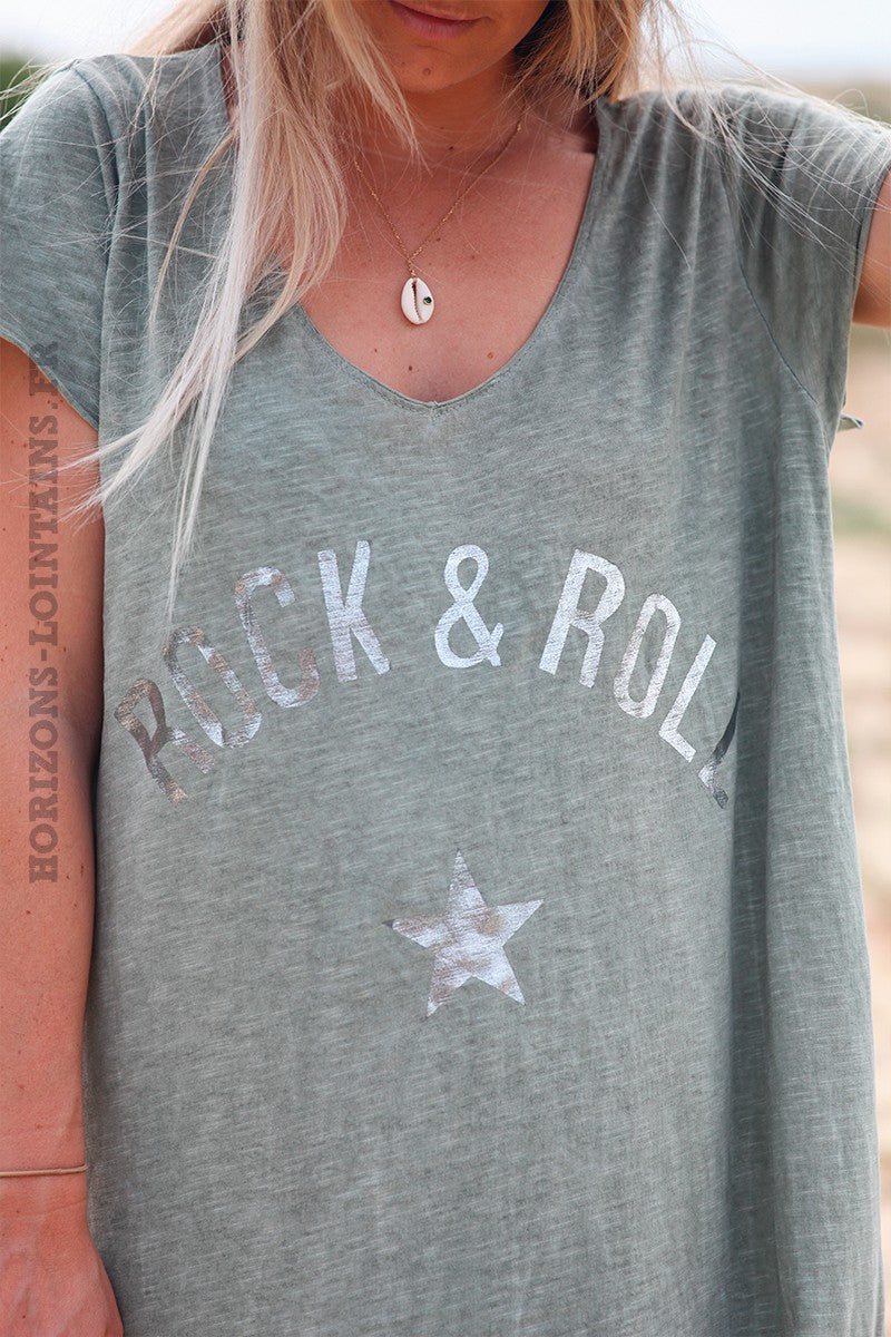 Khaki long cotton dress with rock and roll