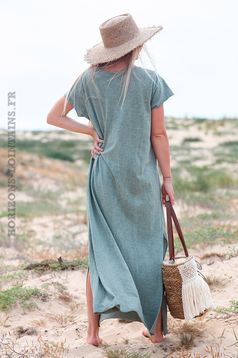 Khaki long cotton dress with rock and roll