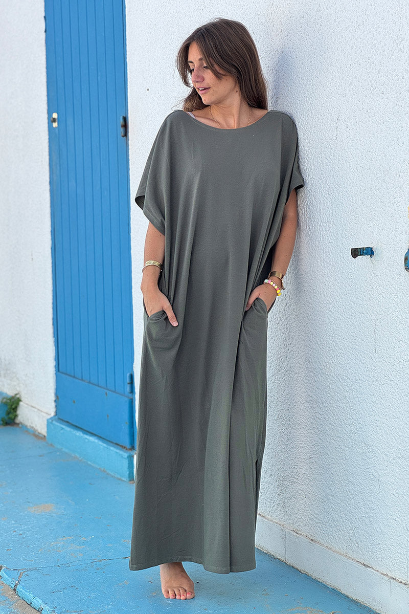 Olive Jersey Knit Maxi Dress