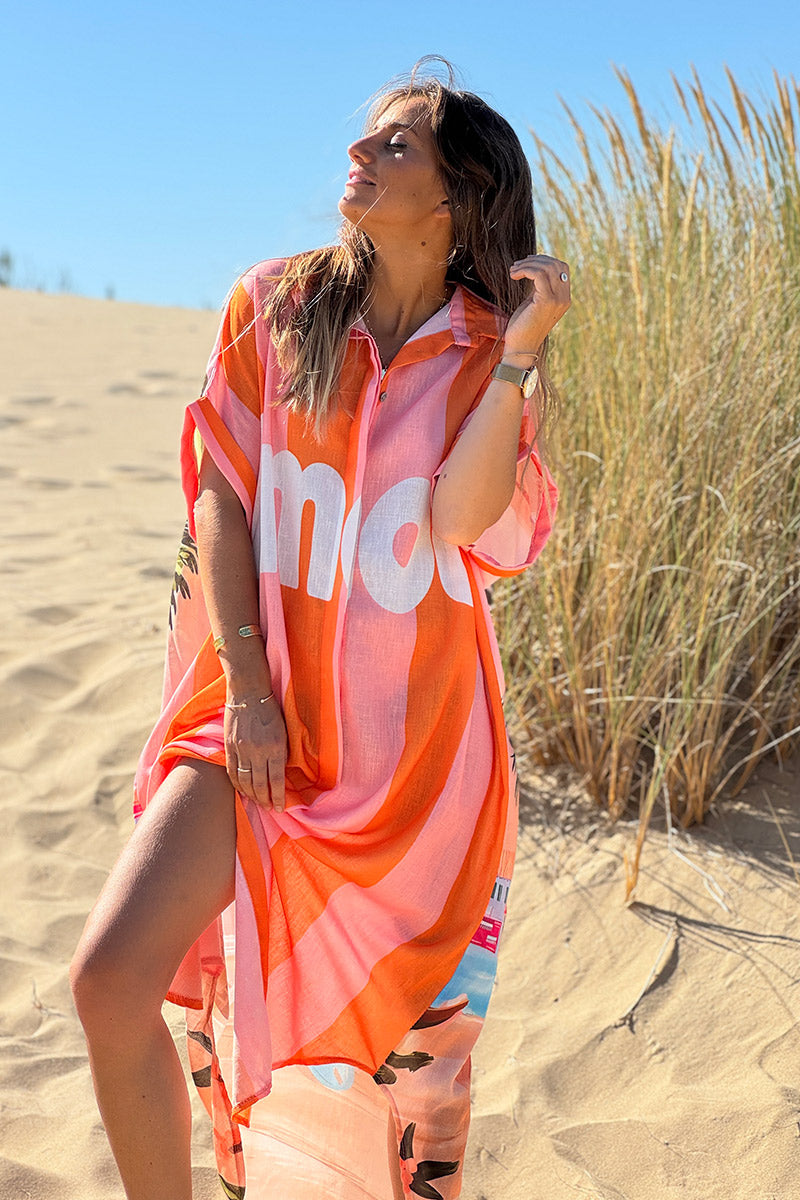 Robe longue rayures orange et rose Amour dos imprimé vacances Californie
