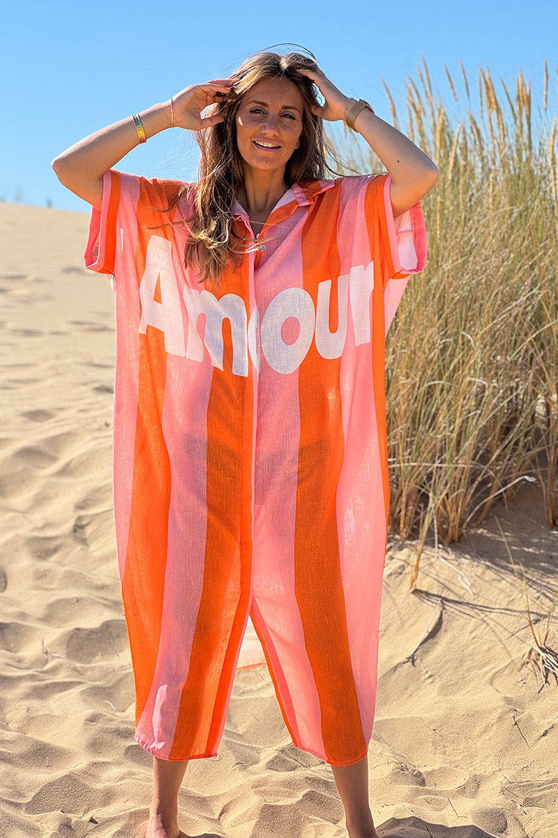 Robe longue rayures orange et rose Amour dos imprimé vacances Californie