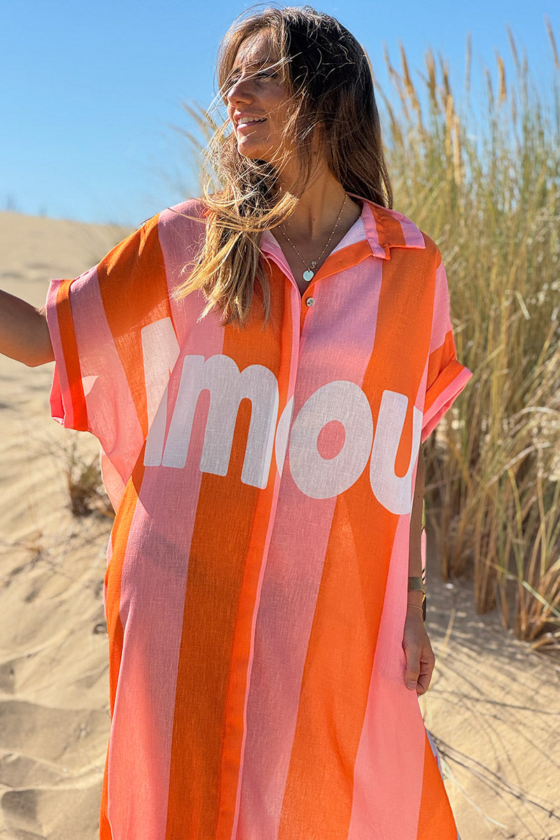 Robe longue rayures orange et rose Amour dos imprimé vacances Californie