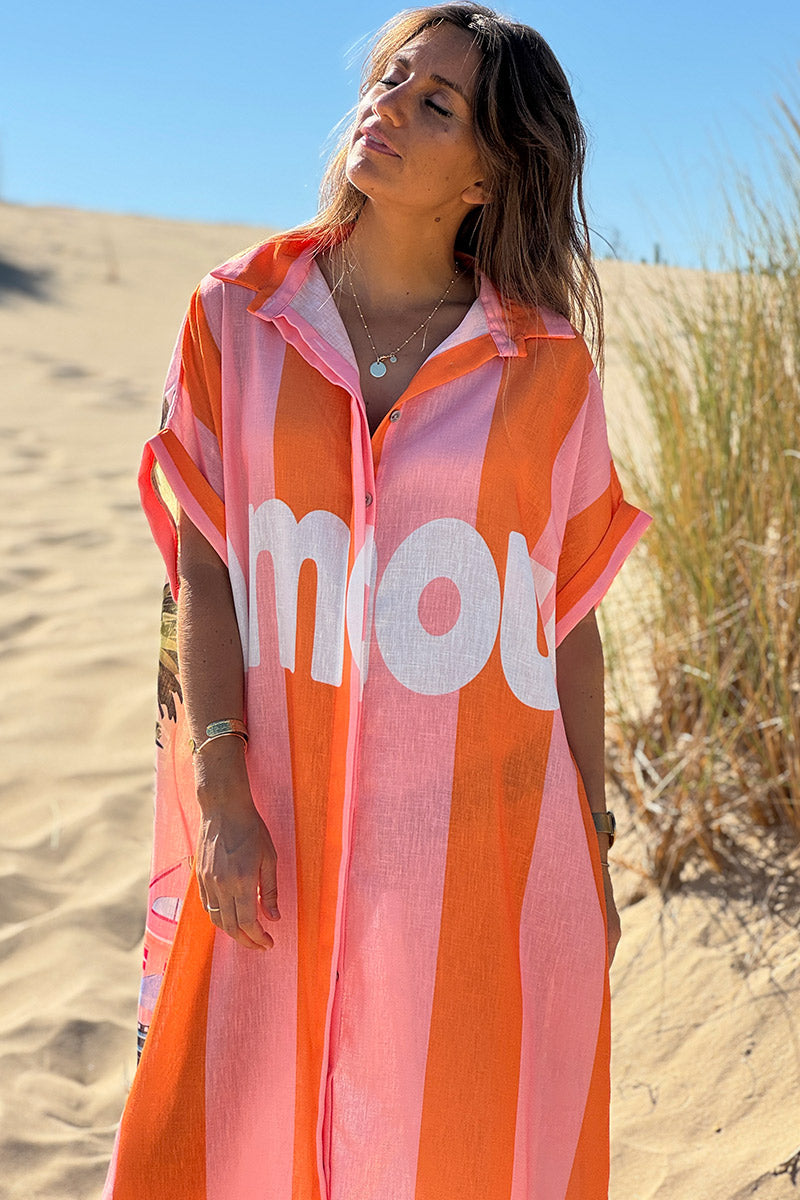 Robe longue rayures orange et rose Amour dos imprimé vacances Californie