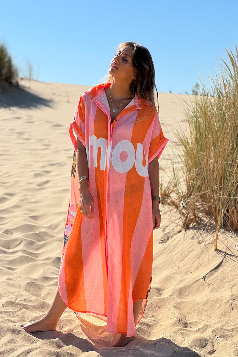 Robe longue rayures orange et rose Amour dos imprimé vacances Californie