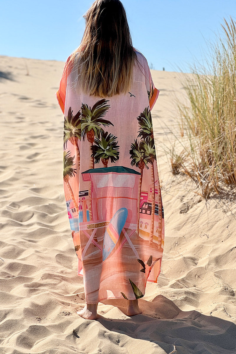 Robe longue rayures orange et rose Amour dos imprimé vacances Californie
