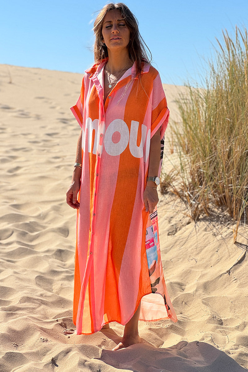 Robe longue rayures orange et rose Amour dos imprimé vacances Californie