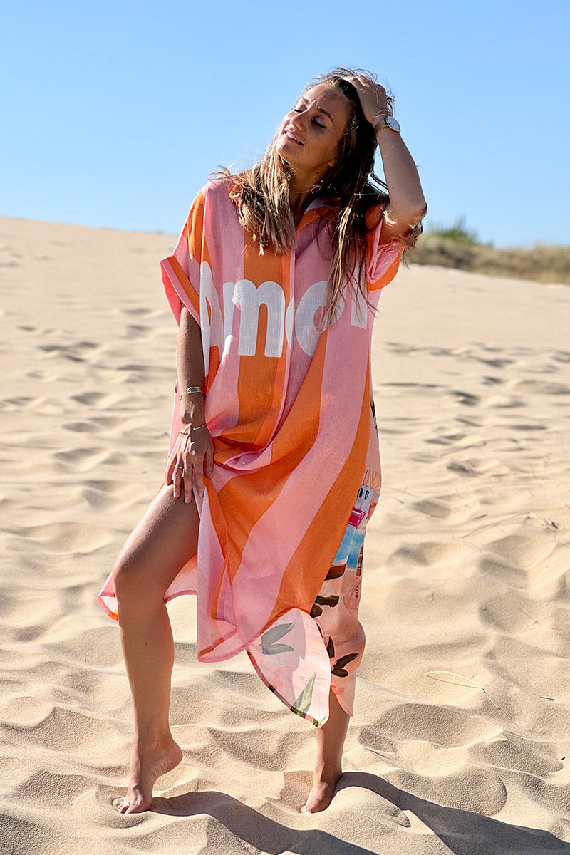 Robe longue rayures orange et rose Amour dos imprimé vacances Californie