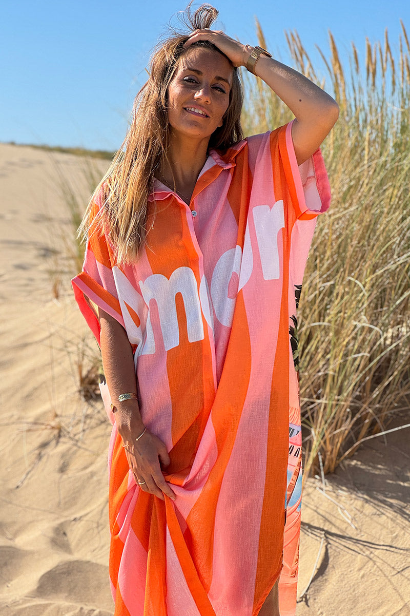 Robe longue rayures orange et rose Amour dos imprimé vacances Californie