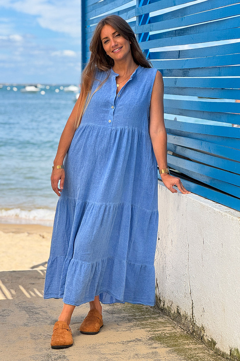 Blue Brushed Velour Tiered Maxi Dress