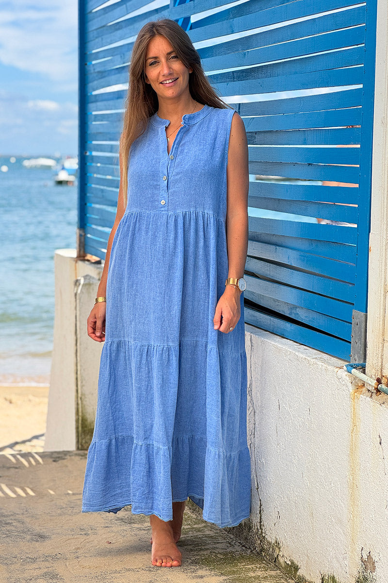 Blue Brushed Velour Tiered Maxi Dress