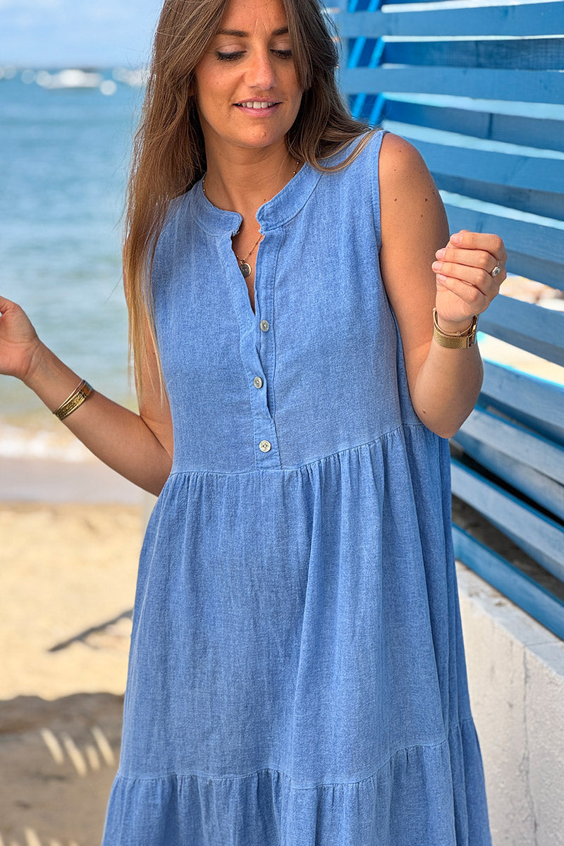 Blue Brushed Velour Tiered Maxi Dress