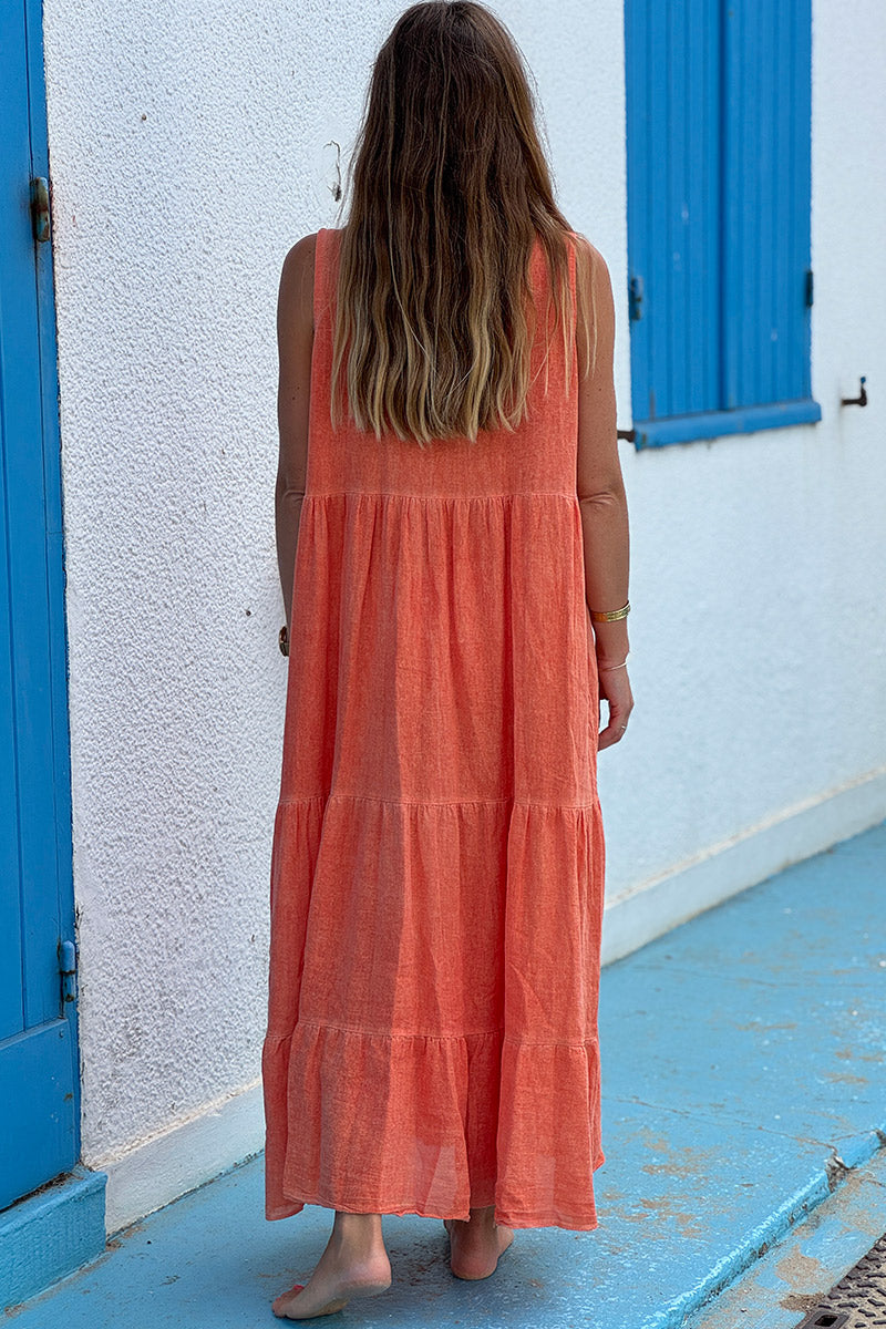 Orange Brushed Velour Tiered Maxi Dress