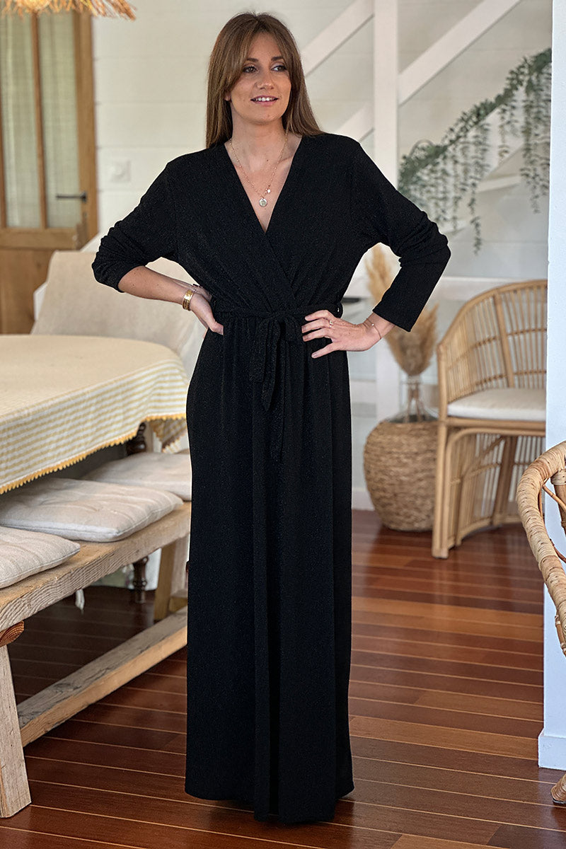 Black Sparkle Knit Wrap Front Maxi Dress