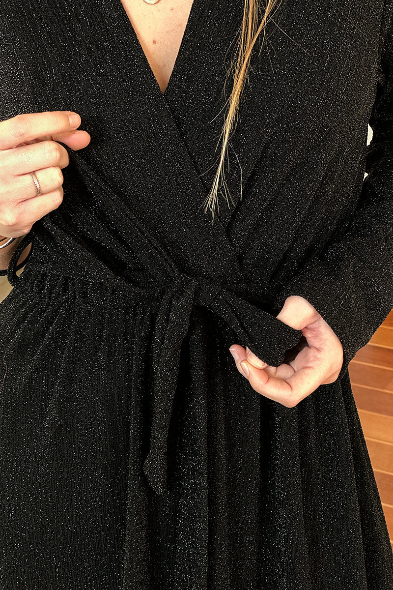 Black Sparkle Knit Wrap Front Maxi Dress