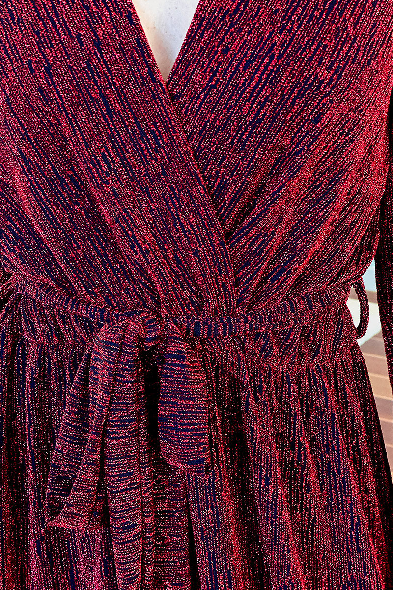 Burgundy Sparkle Knit Wrap Front Maxi Dress