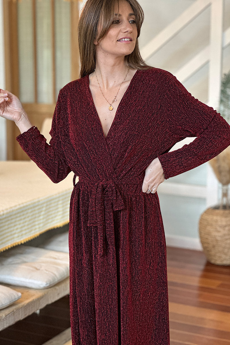 Burgundy Sparkle Knit Wrap Front Maxi Dress