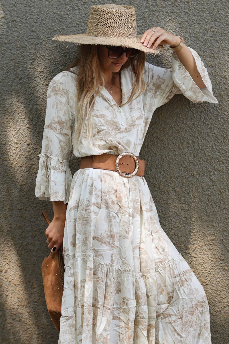 Tiered maxi dress with toile de jouy beige print