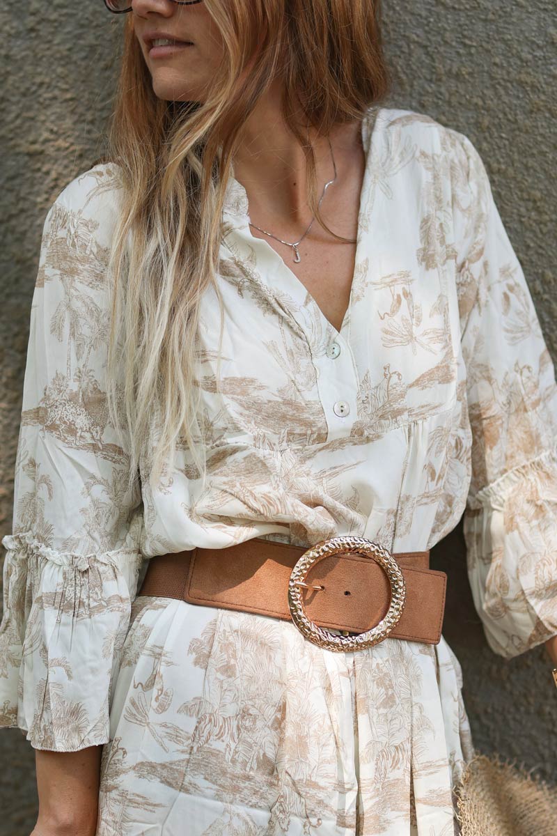 Tiered maxi dress with toile de jouy beige print