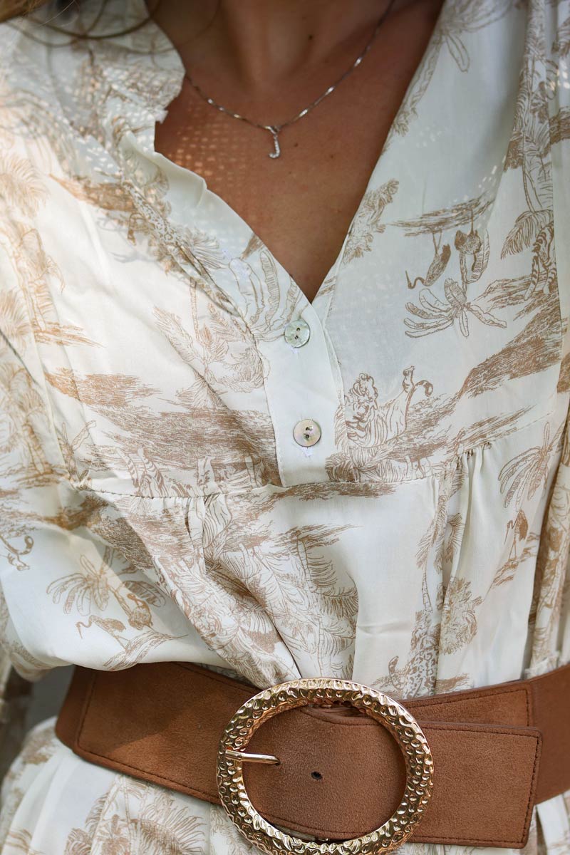 Tiered maxi dress with toile de jouy beige print