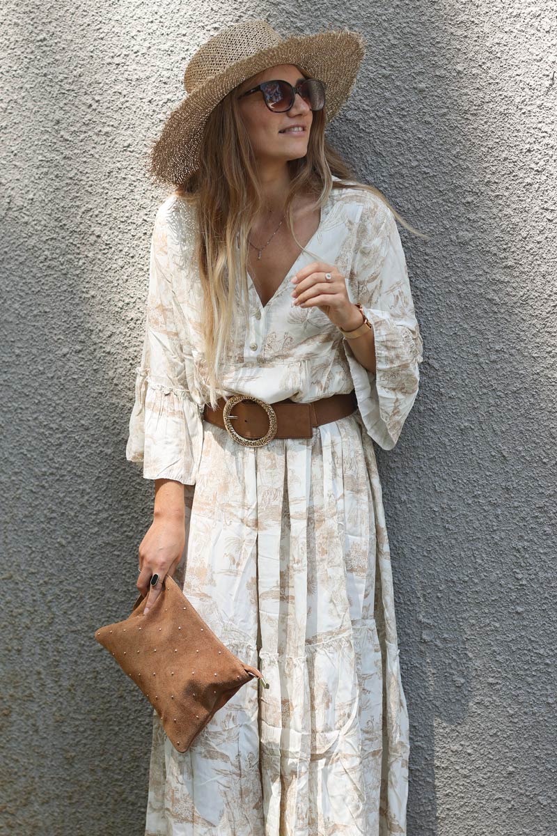 Tiered maxi dress with toile de jouy beige print