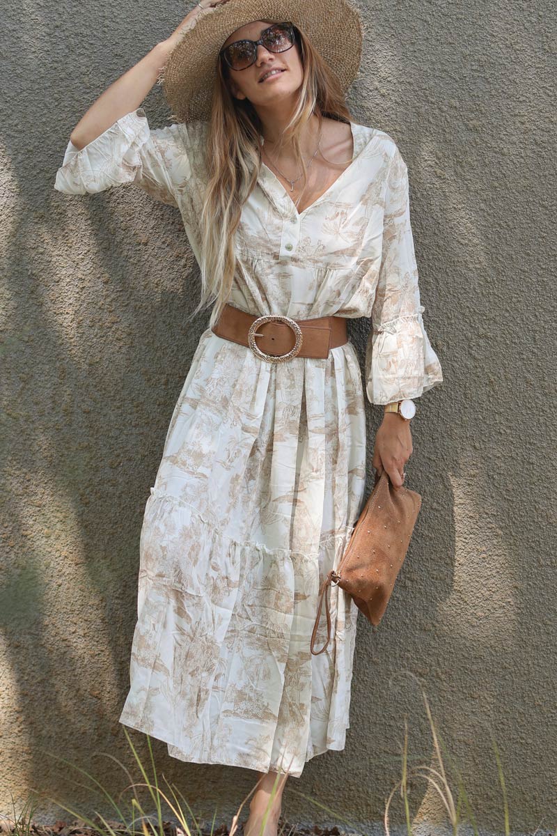 Tiered maxi dress with toile de jouy beige print