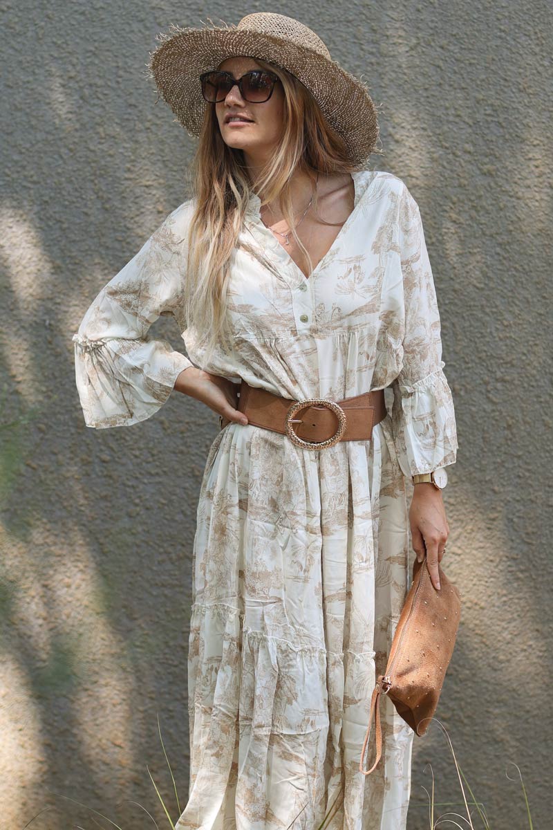 Tiered maxi dress with toile de jouy beige print