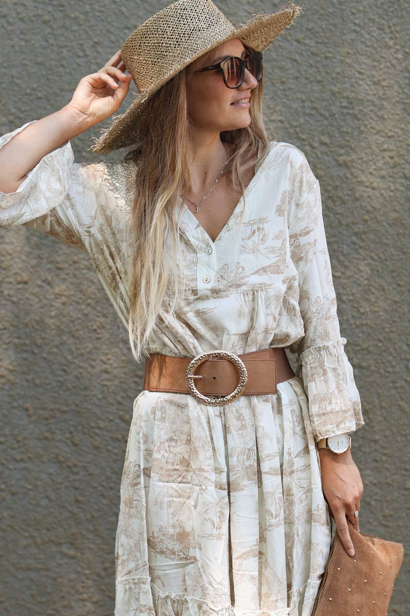 Tiered maxi dress with toile de jouy beige print