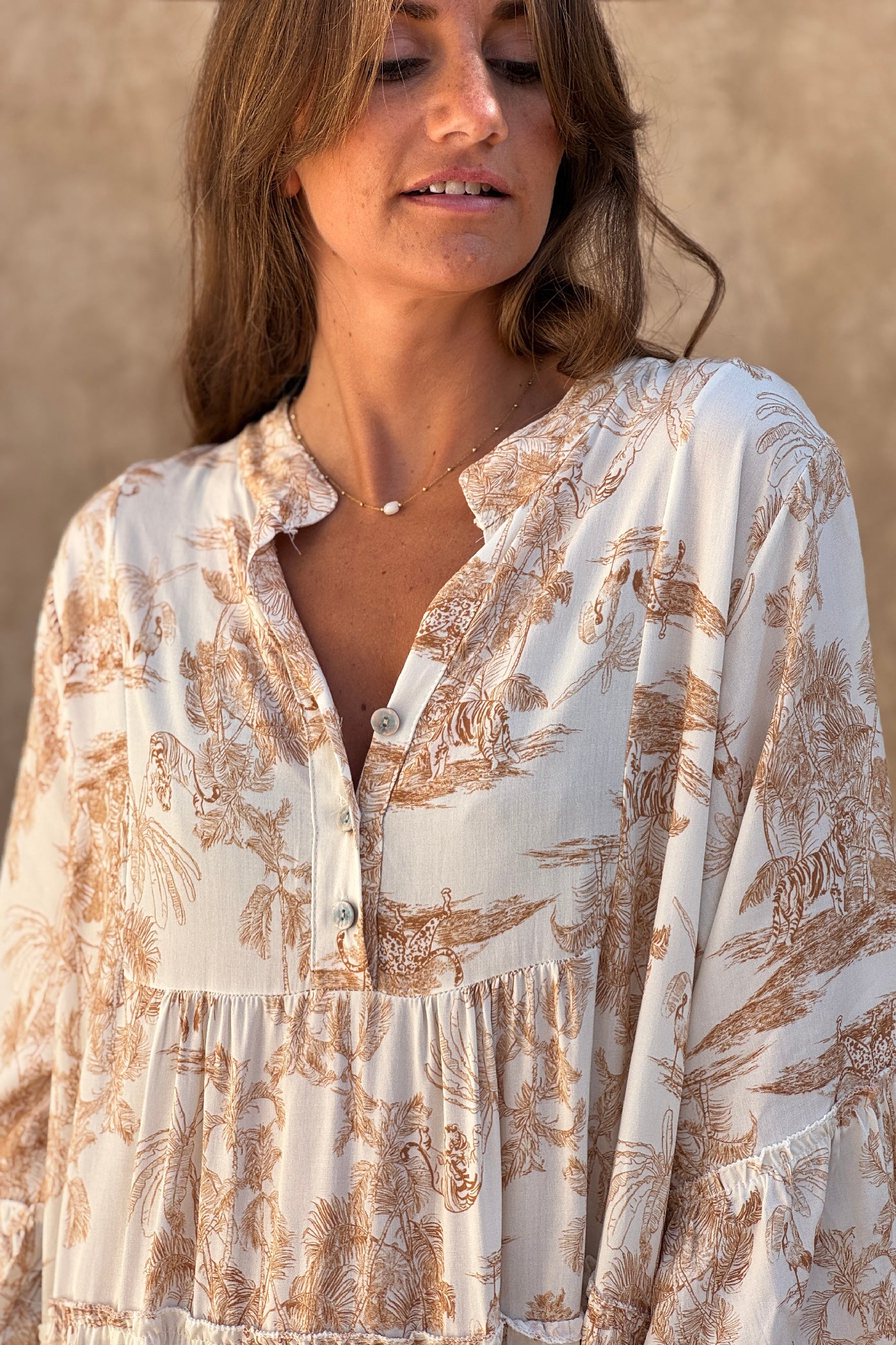 Tiered maxi dress with toile de jouy beige print