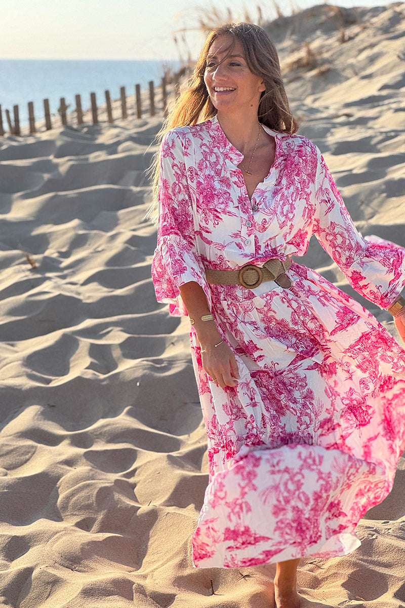 Tiered maxi dress with toile de jouy hot pink print