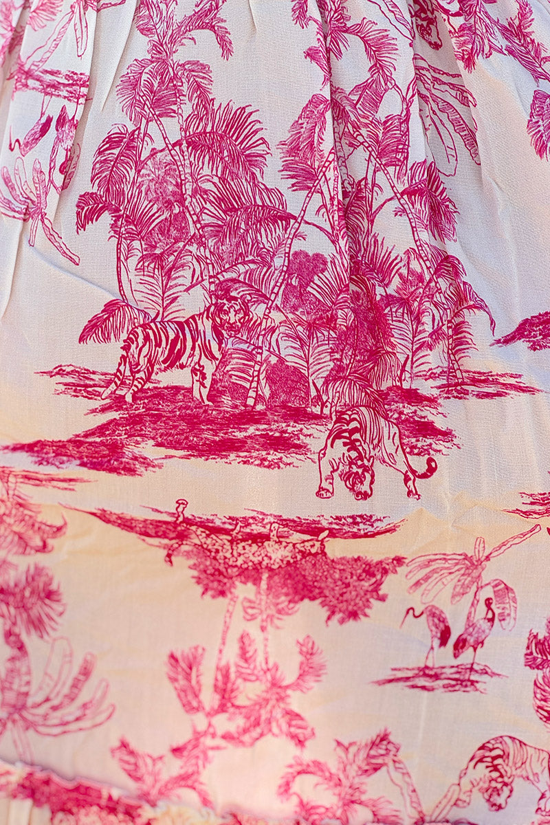 Tiered maxi dress with toile de jouy hot pink print