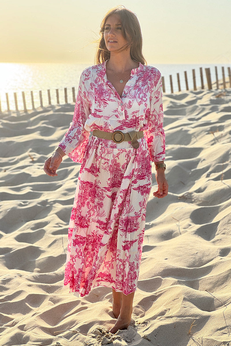 Tiered maxi dress with toile de jouy hot pink print