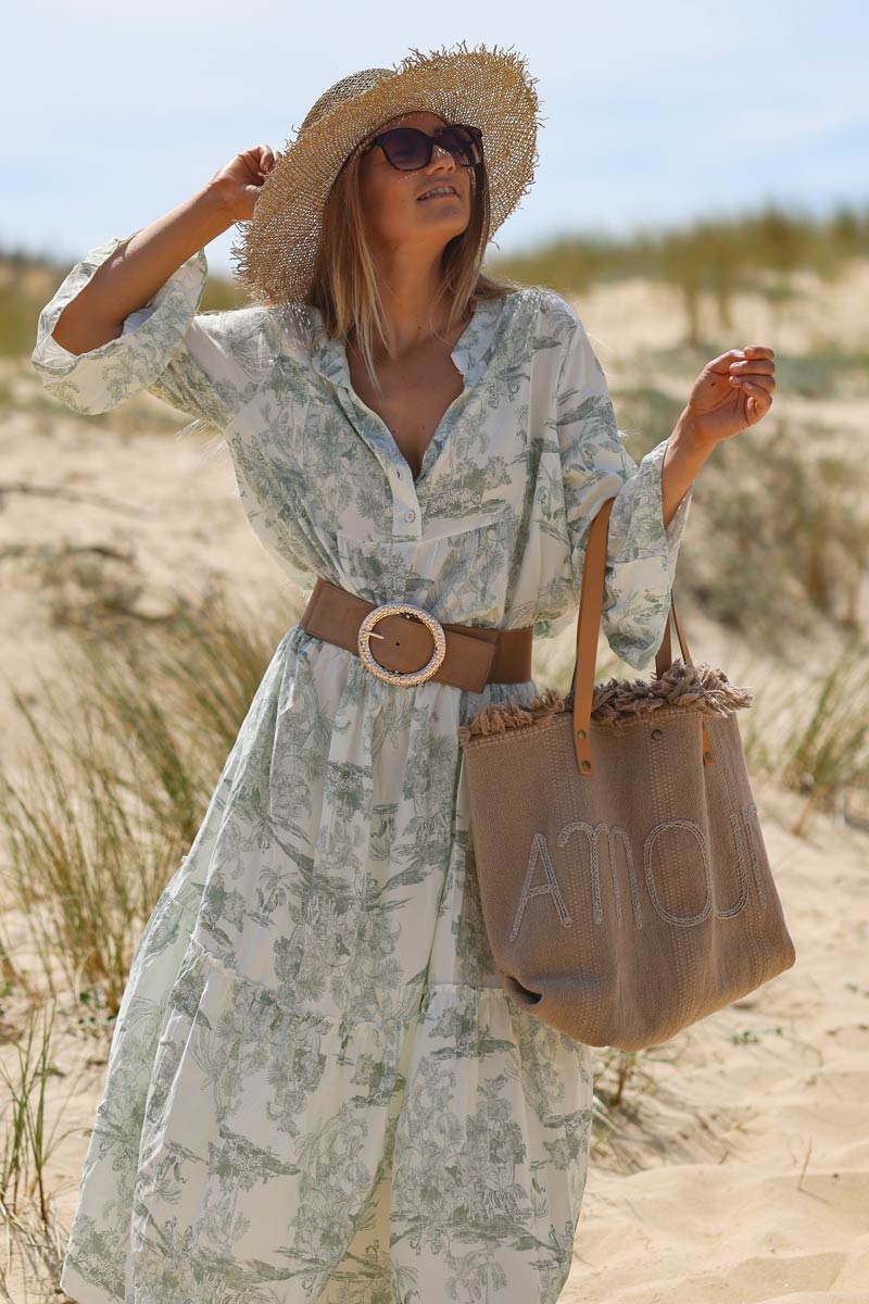 Tiered Maxi Dress With Toile De Jouy Olive Print