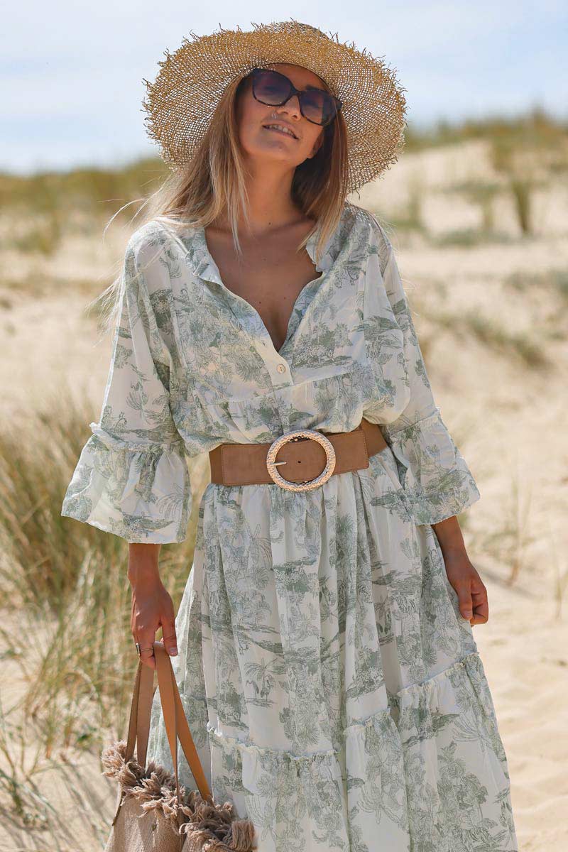 Tiered Maxi Dress With Toile De Jouy Olive Print