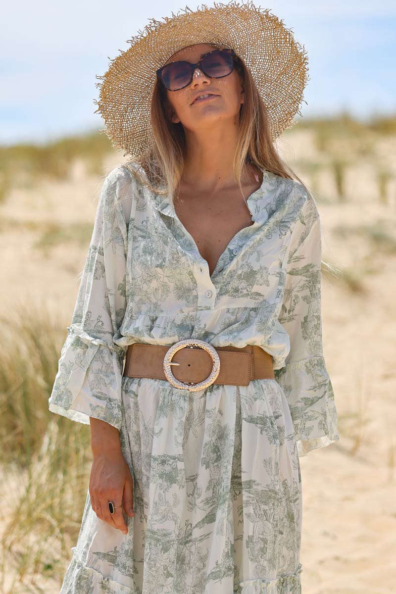 Tiered Maxi Dress With Toile De Jouy Olive Print