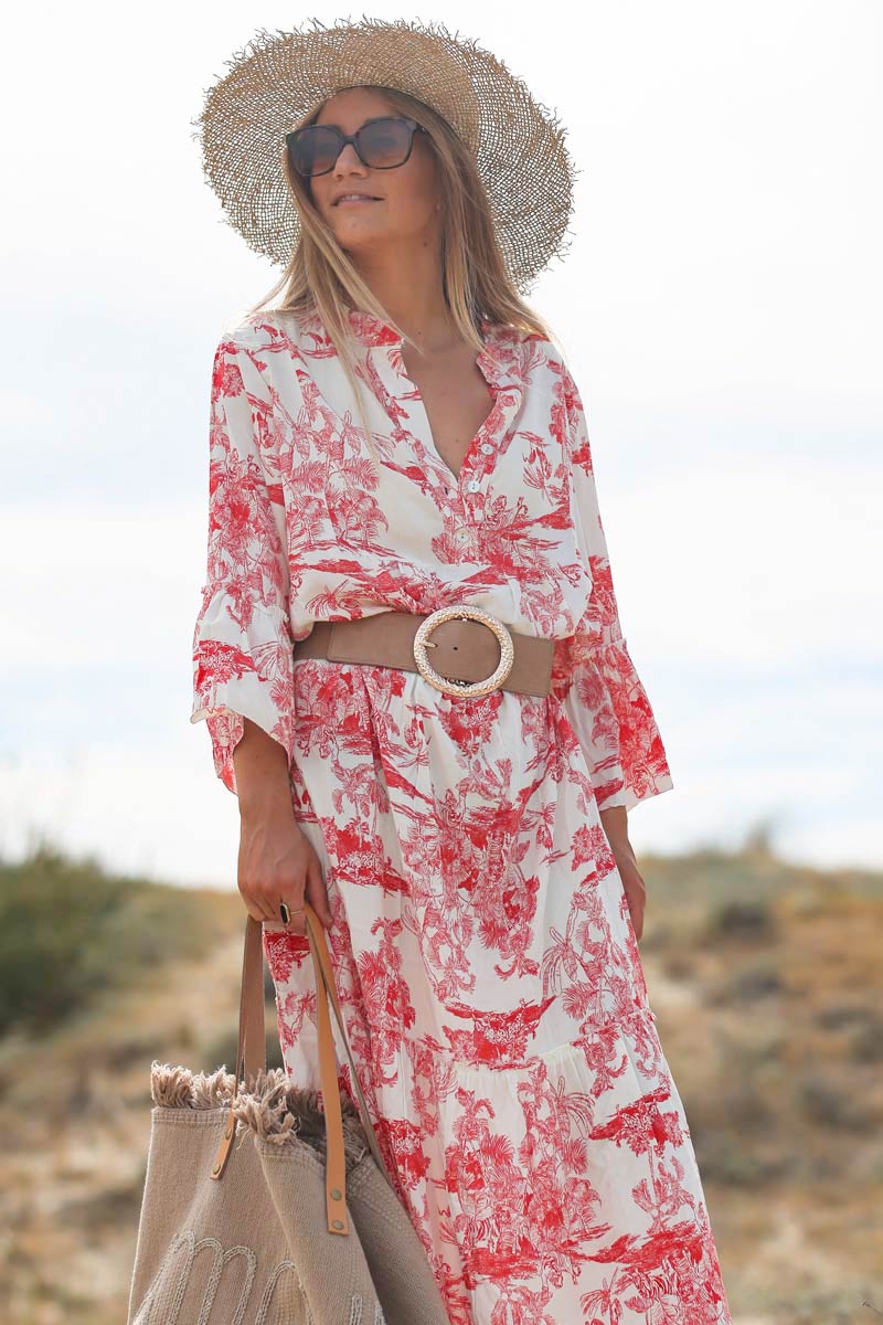 Tiered maxi dress with toile de jouy red print Horizons Lointains
