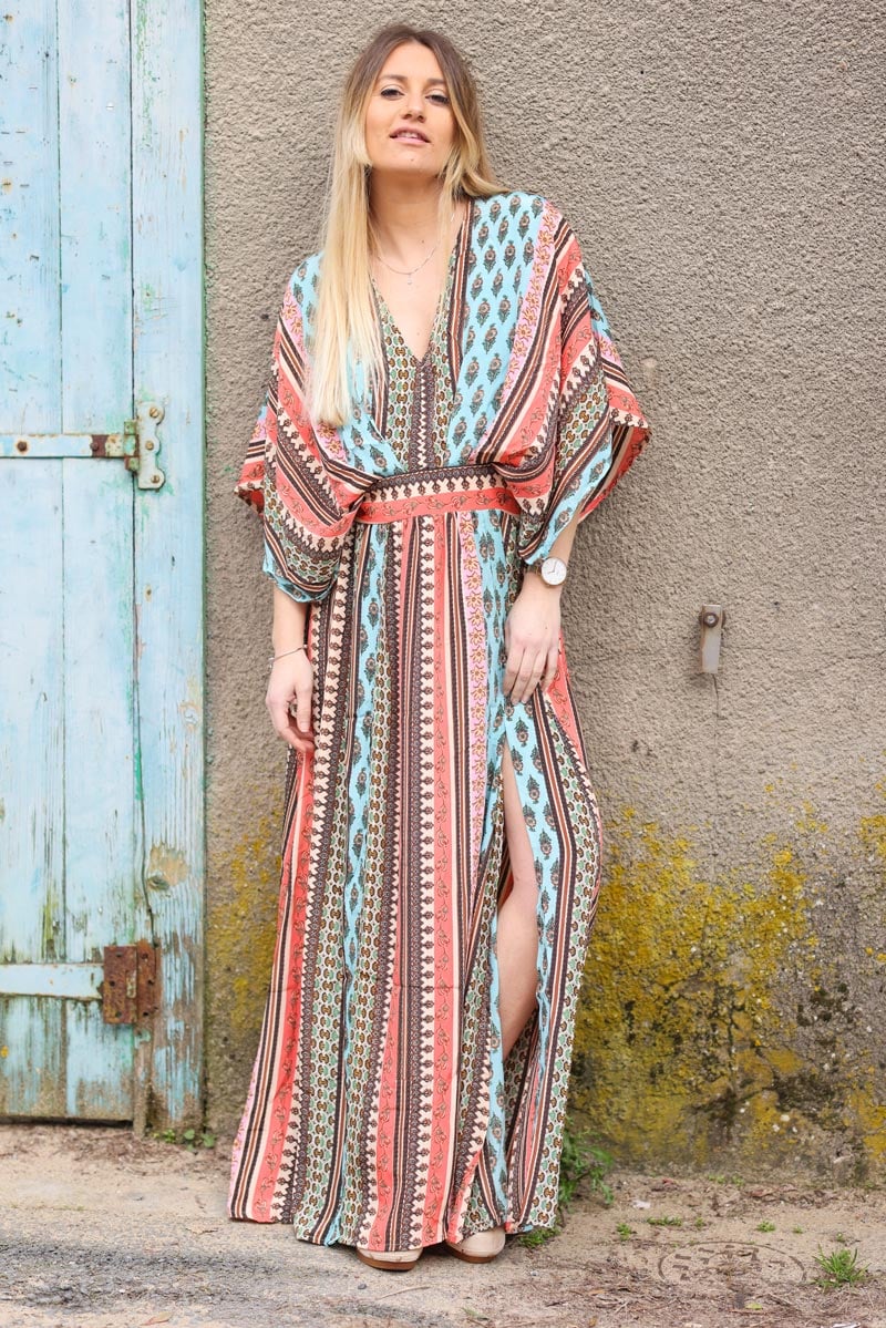 Robe longue toucher soie manches papillon imprime rayures et fleurs g021 (1)