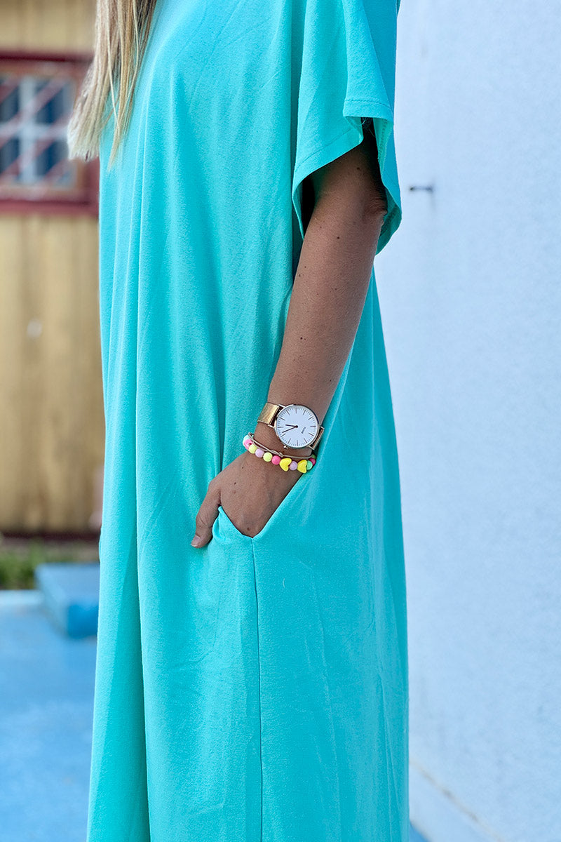 Turquoise Jersey Knit Maxi Dress